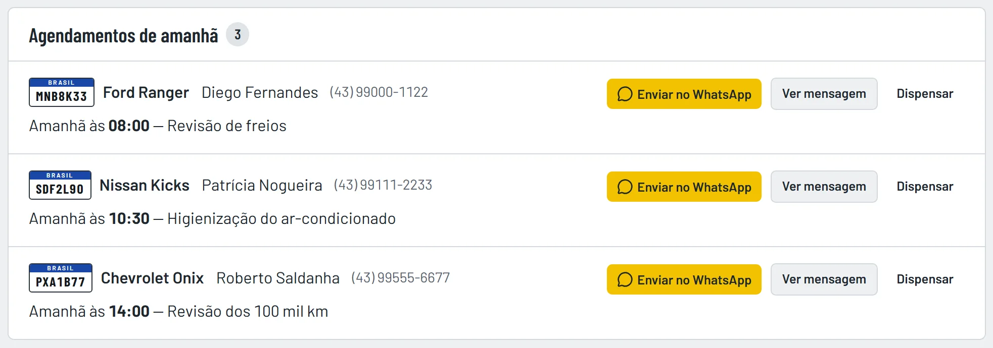 Lista de lembretes: três clientes com horário amanhã, cada um com o botão Enviar no WhatsApp.